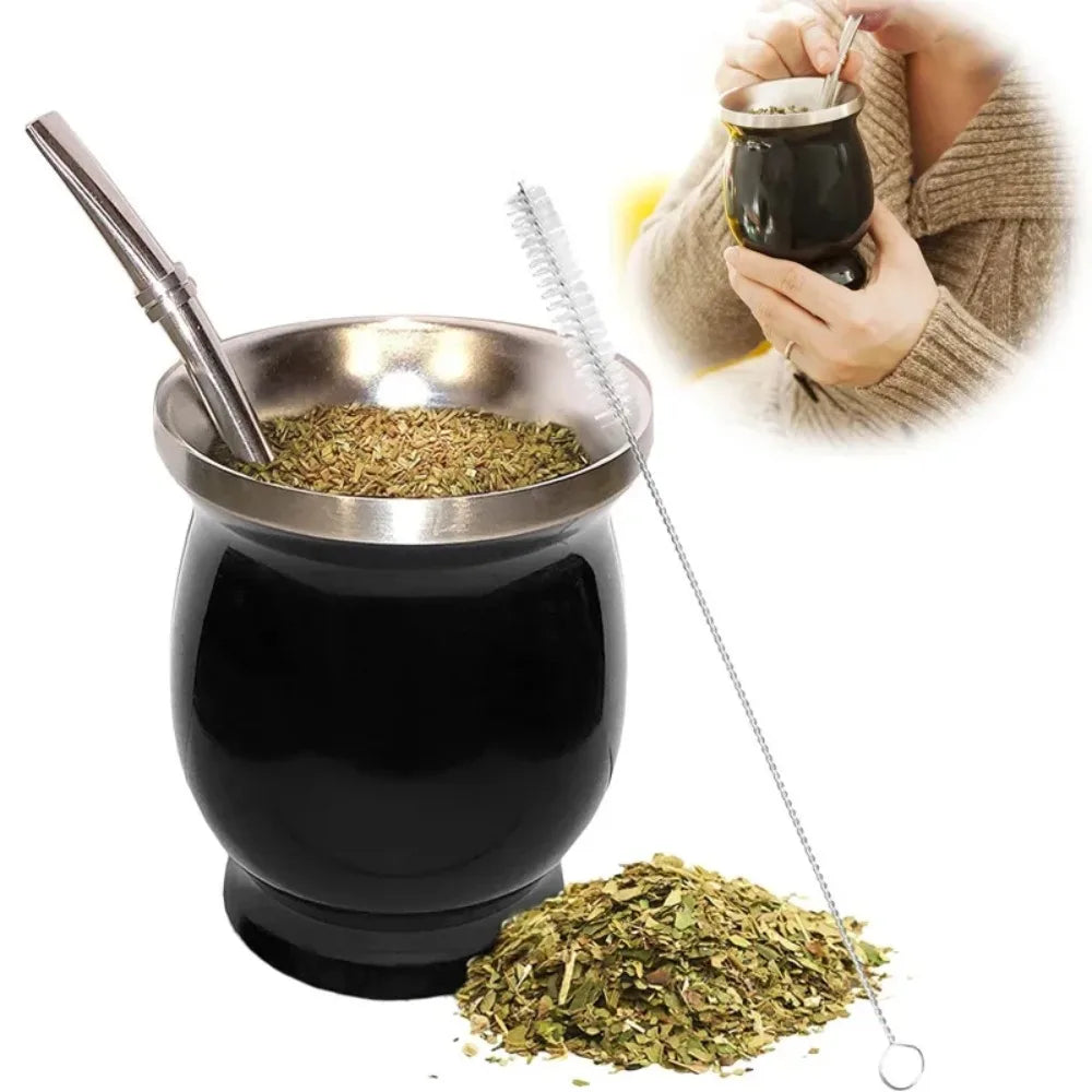 Stainless Steel Yerba Mate Gourd Cup Set - Double Walled Vacuum Insulated Tea Mug with Bombilla Straw and Cleaning Brush - Unisex - 8oz Capacity