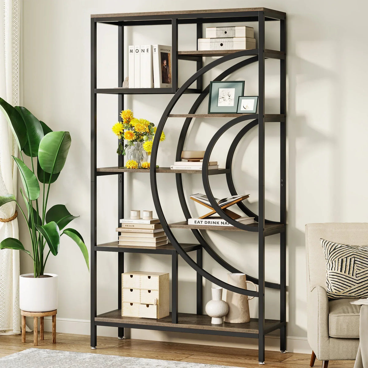 8-Tier Rustic Geometric Bookcase with Metal Frame