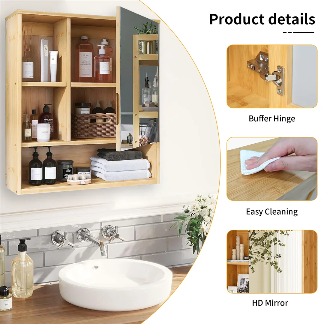 Wall Mounted Bamboo Bathroom Vanity Mirror Cabinet