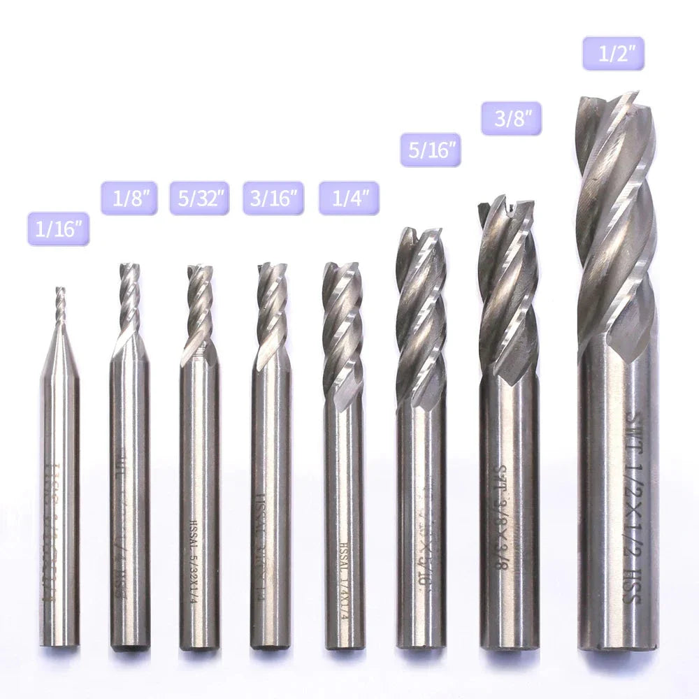8 PCS High Speed Steel HSS 4 Flute Straight End Mill Milling Cutter Tool Set