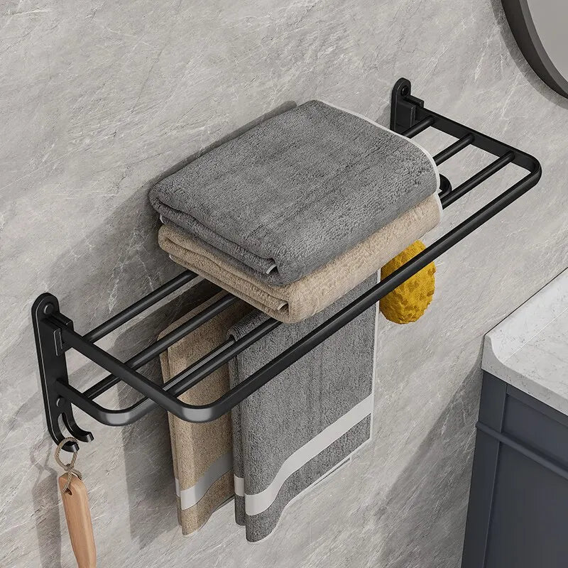 Matte Black Folding Wall-Mount Aluminium Towel Rack with Hook