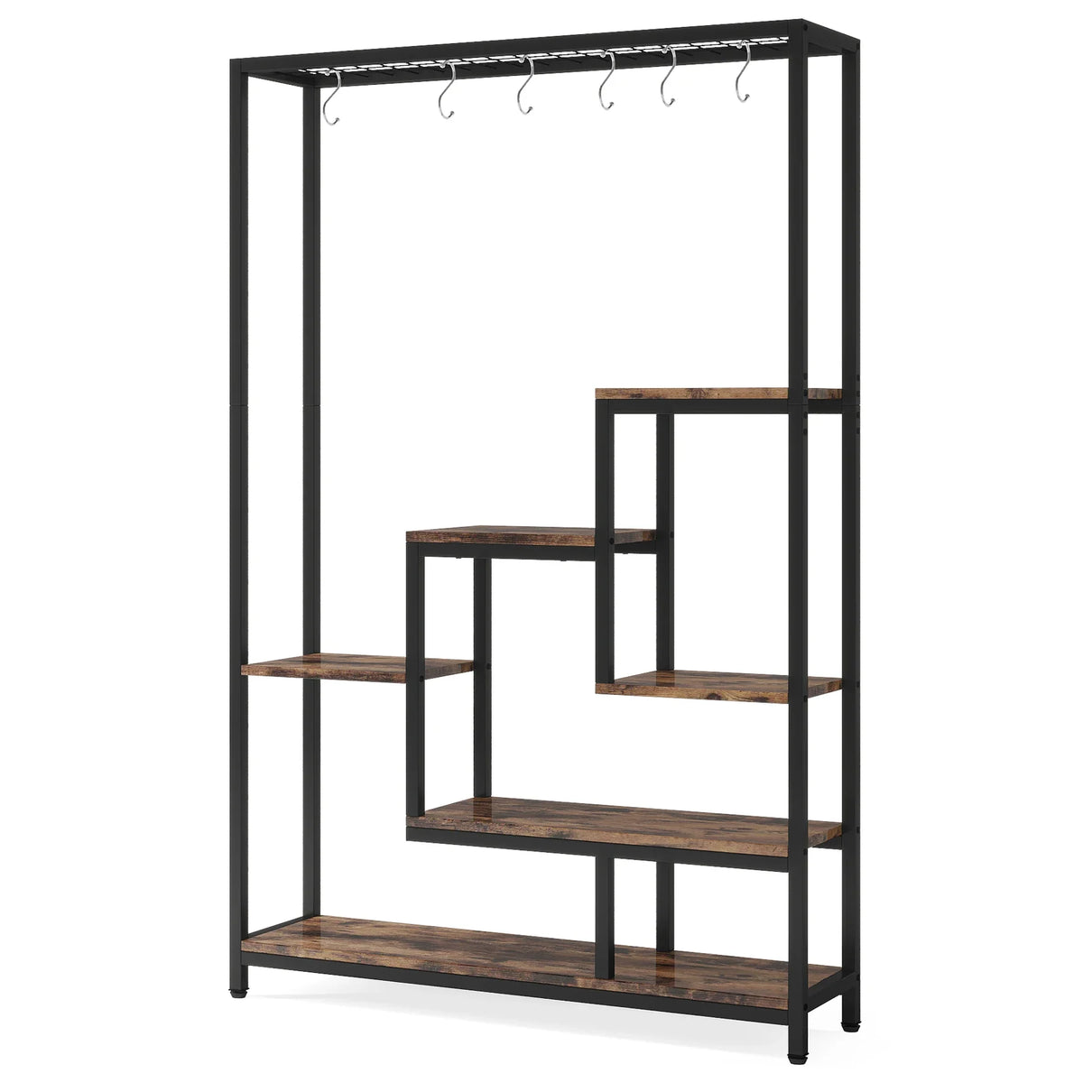 5-Tier Tall Indoor Plant Stand with Metal Frame and Hanging Hooks