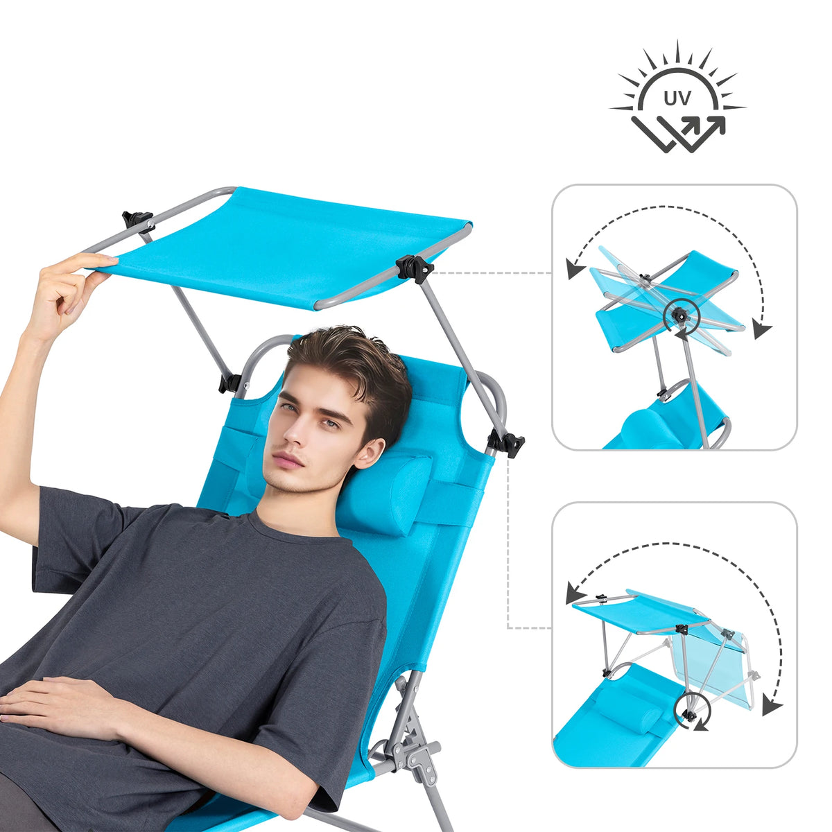 Set of 2 Outdoor Folding Sun Loungers with Adjustable Canopy and Headrest Pillow - Portable Metal Reclining Garden Chairs for Beach and Yard
