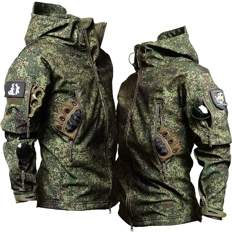 Men's Military Tactical Uniform Set - Hooded Soft Shell Hunting Jacket with Breathable Long Sleeve Shirt and Multi-Pocket Cargo Pants - Unisex