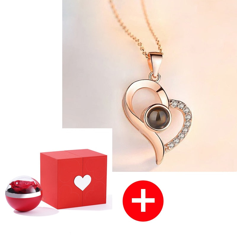 I Love You in 100 Languages Necklaces - With Long Lasting Preserved Rose - To My Love
