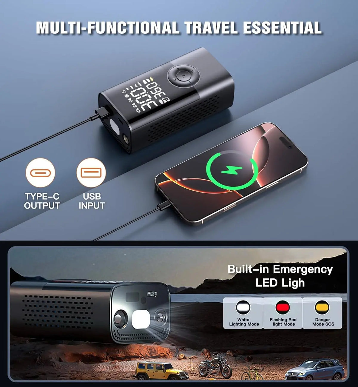 Avichic™ 150PSI Cordless Tire Inflator – 4000mAh Portable Air Compressor with LCD Display, Auto Shut-Off, USB-C, Emergency Light