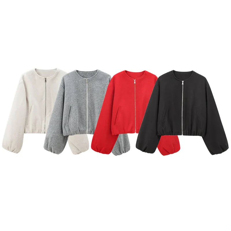 Damesjassen Cropped Losse Outerwears Rood Grijs Gebroken Wit Zwart Jasje Met Rits Lange Mouwen Top Casual Varsity Bomberjas