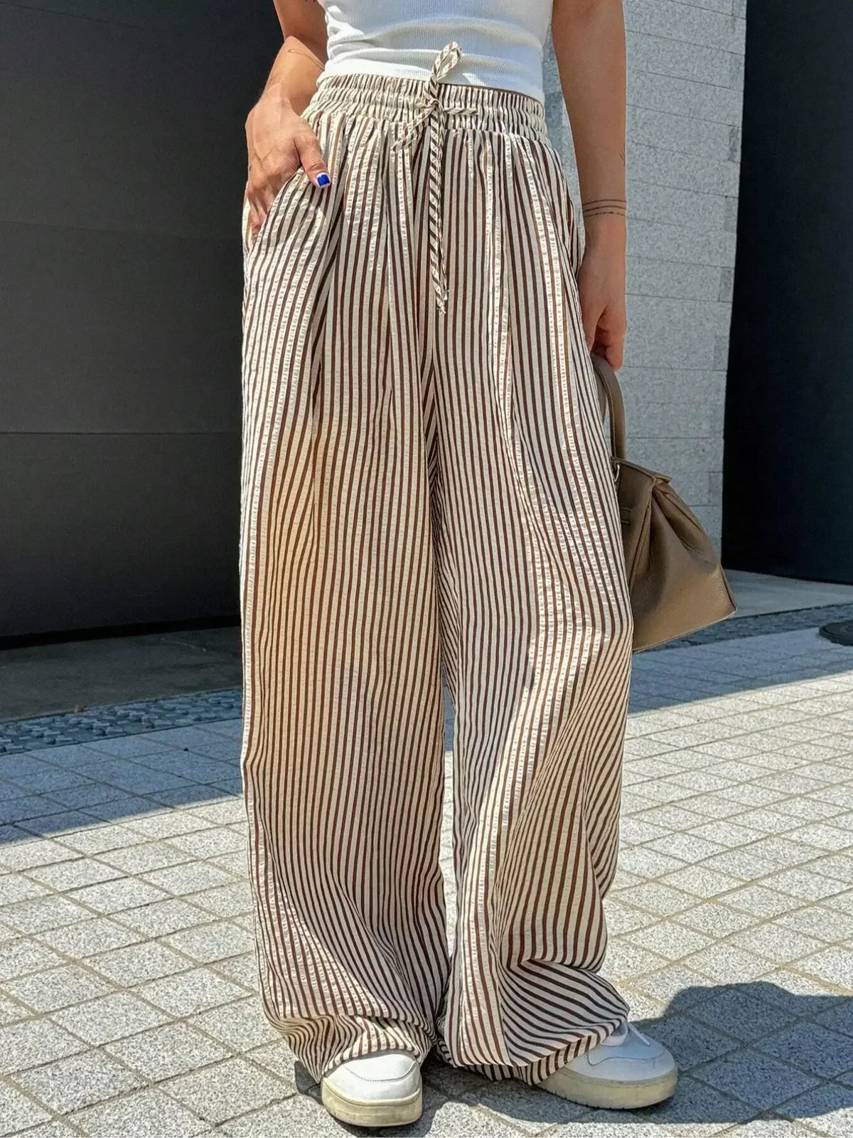 Women's Striped Print Drawstring Waist Wide Leg Pants, Casual Pocket Trousers for Daily Wear, Ladies Bottoms for All Seasons, Womenswear, Summer Clothes Women