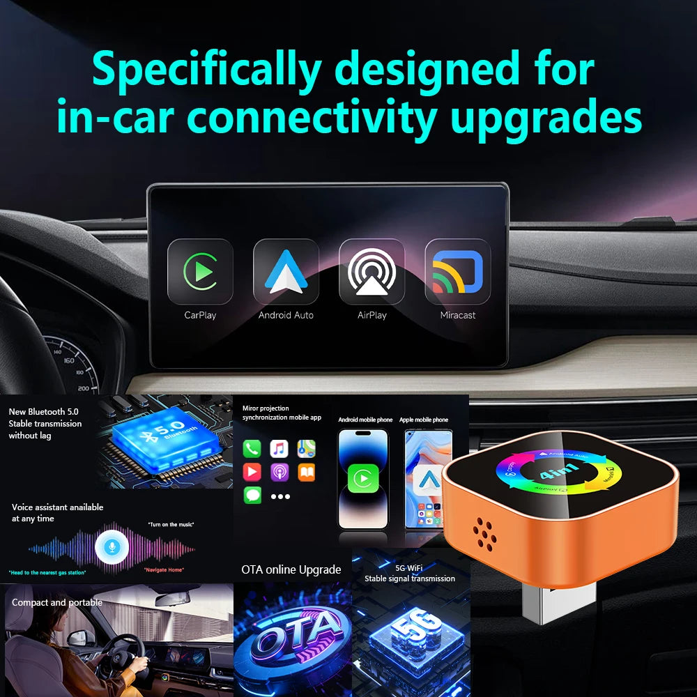 4-in-1 Wireless CarPlay and Android Auto Adapter - Bluetooth WiFi Dongle with AirPlay Mirror Link for Wired Factory Head Units - Universal
