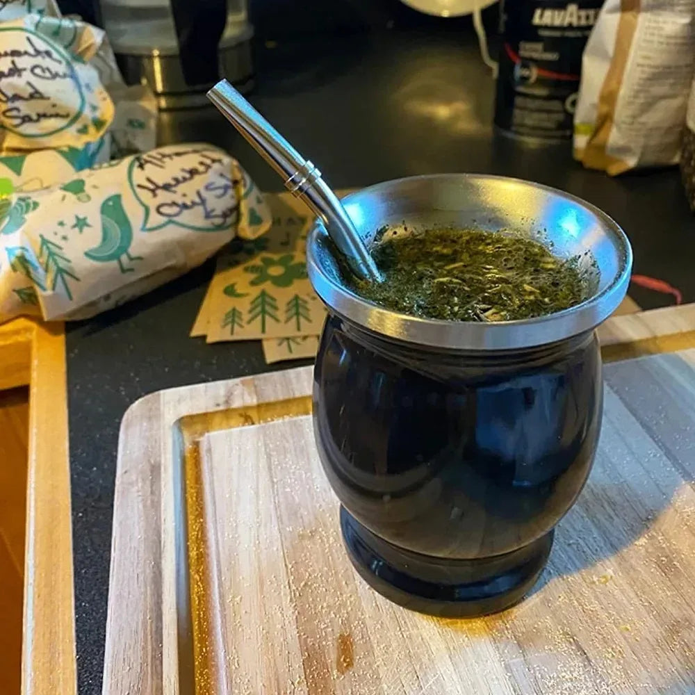Stainless Steel Yerba Mate Gourd Cup Set - Double Walled Vacuum Insulated Tea Mug with Bombilla Straw and Cleaning Brush - Unisex - 8oz Capacity