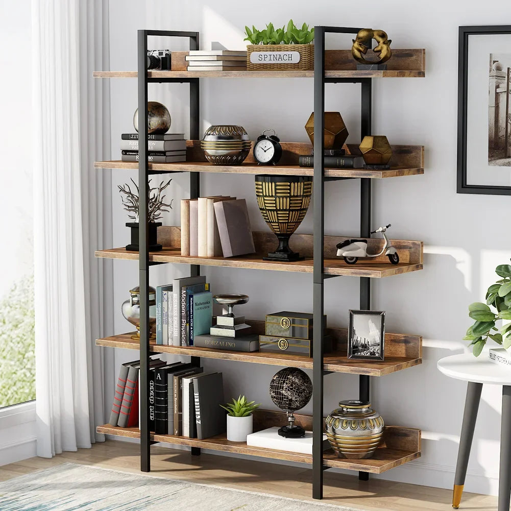 5-Tier Industrial Standing Bookshelf with Iron Pipe Frame