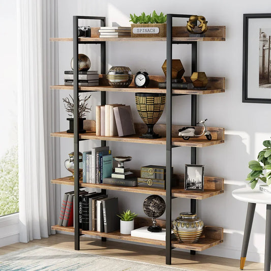 5-Tier Industrial Standing Bookshelf with Iron Pipe Frame
