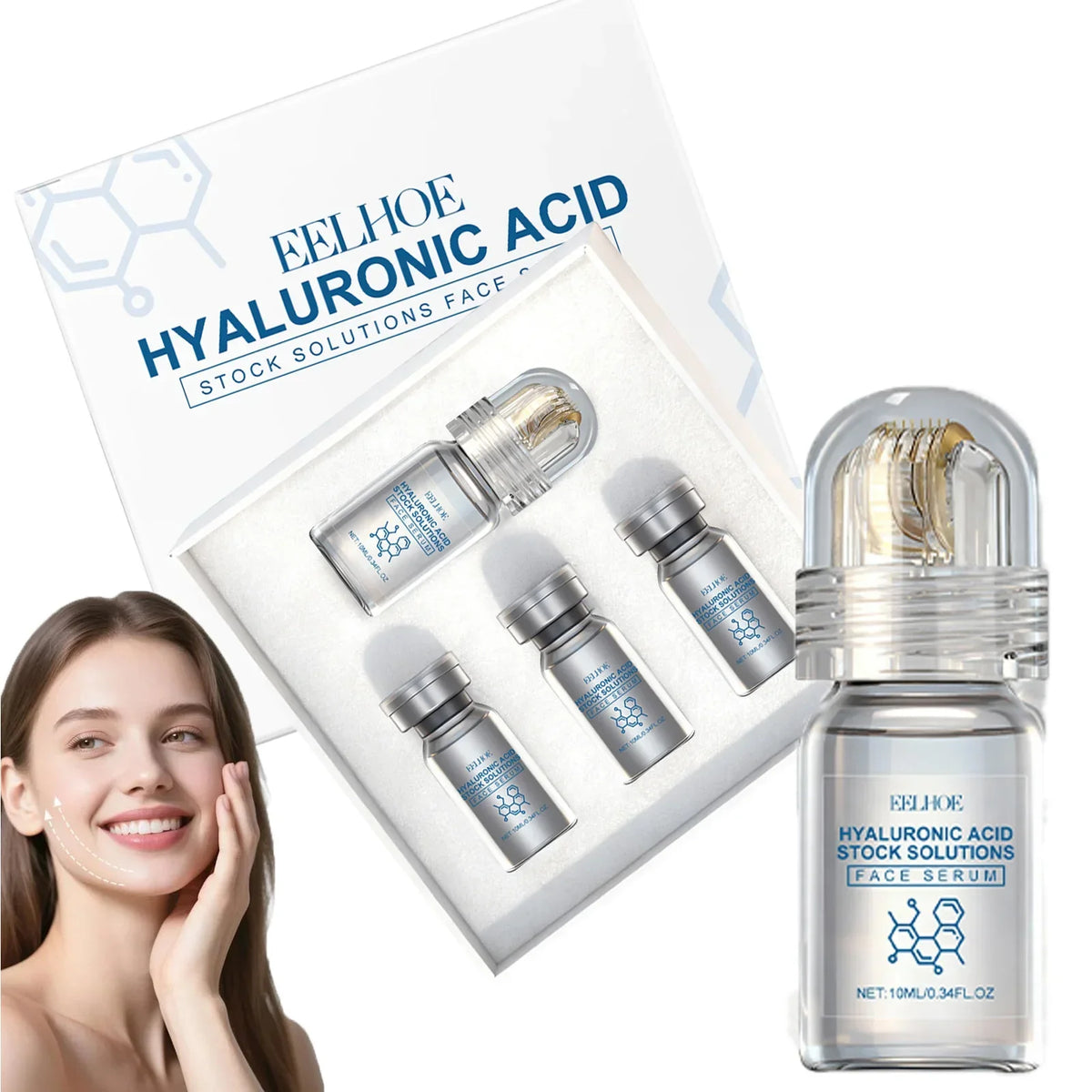 Hyaluronic Acid Face Serum Set with Roller Applicator – 4 x 10ml Moisturizing Serum