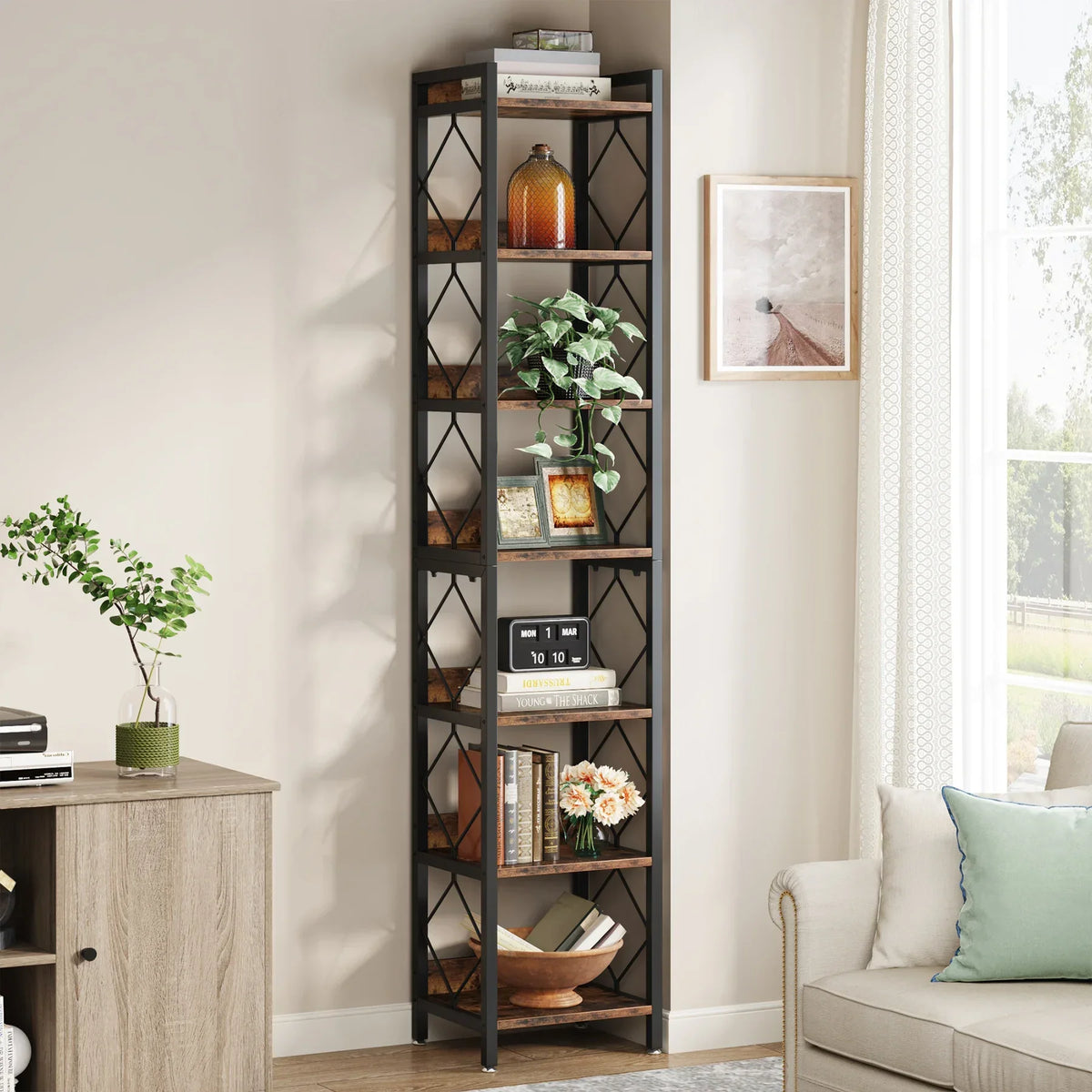 7-Tier Extra Tall Narrow Bookshelf for Small Spaces