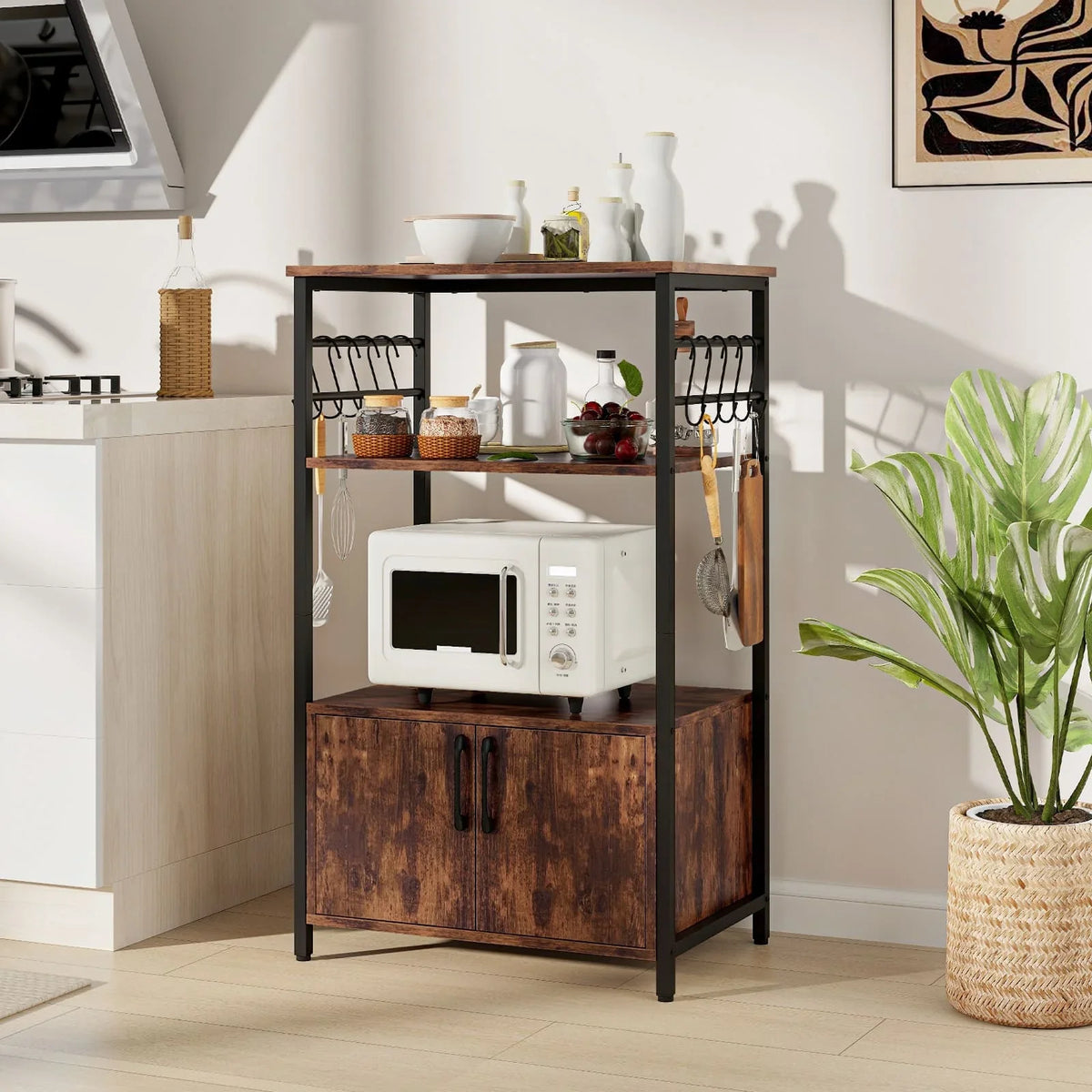 3-Tier Industrial Kitchen Bakers Rack with Cabinet