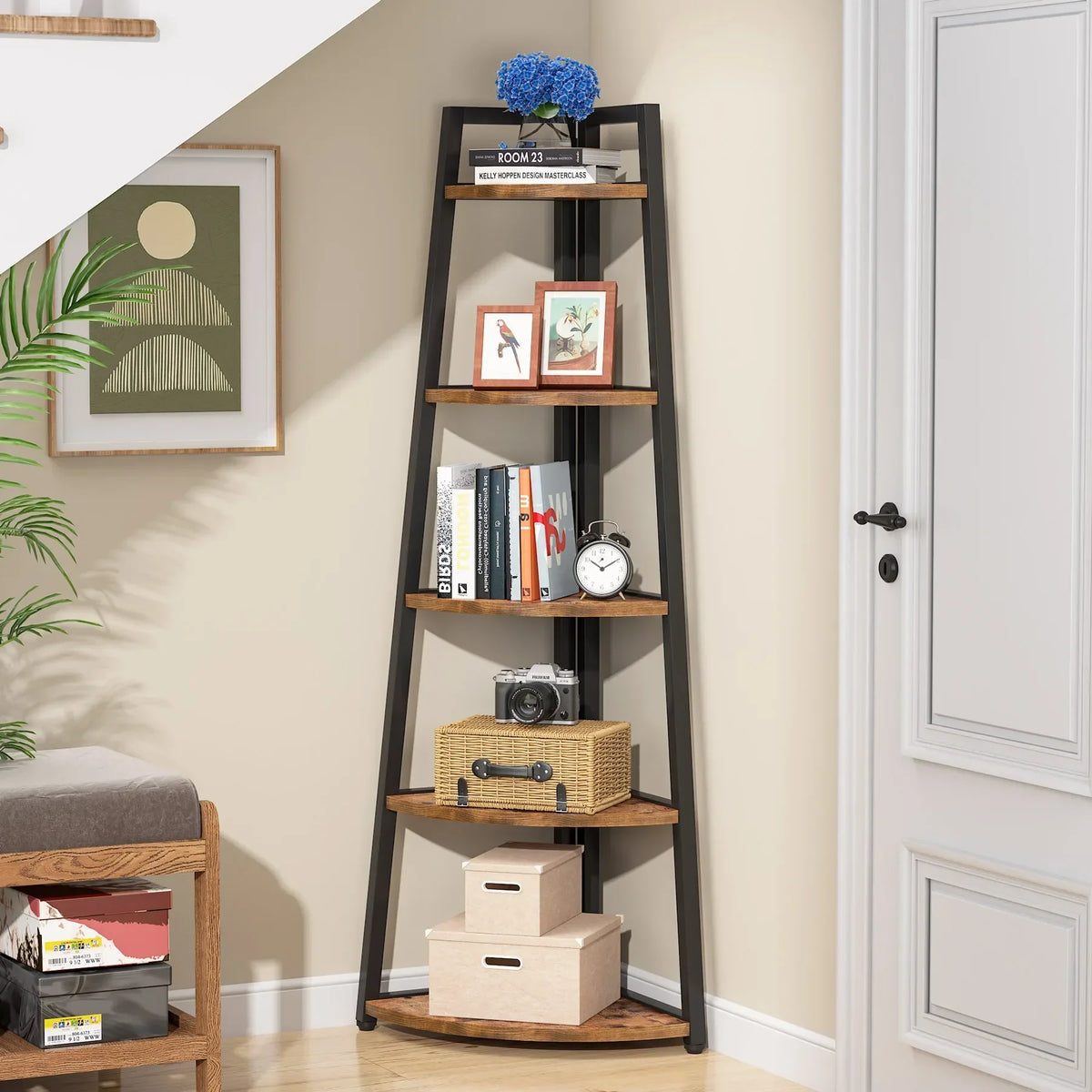 5-Tier Corner Wooden Bookcase with Storage Shelves