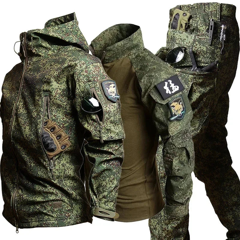 Men's Military Tactical Uniform Set - Hooded Soft Shell Hunting Jacket with Breathable Long Sleeve Shirt and Multi-Pocket Cargo Pants - Unisex