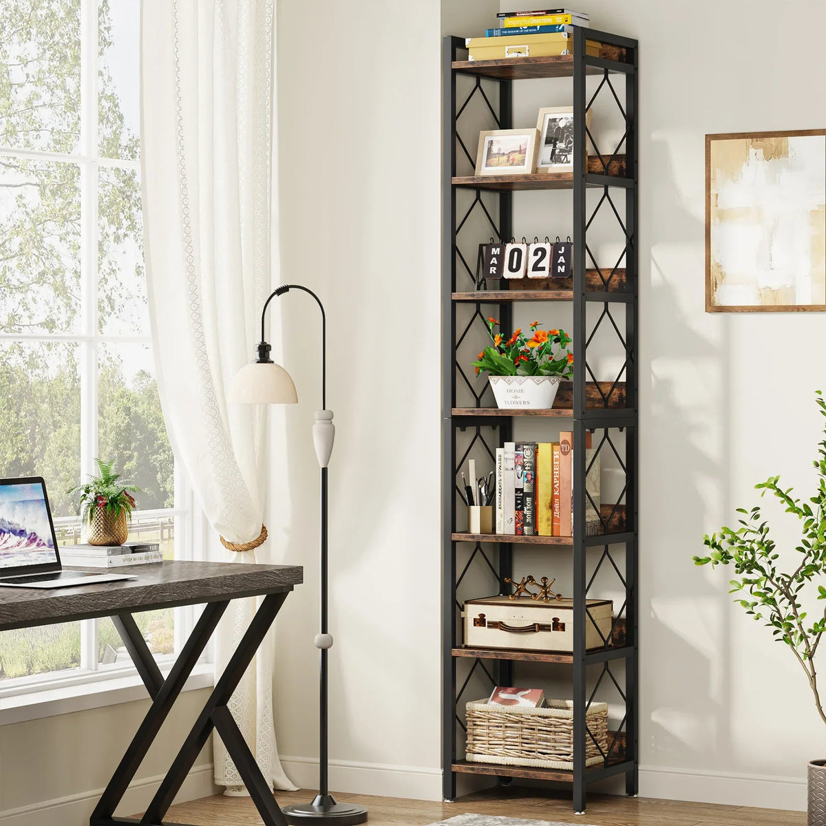 7-Tier Extra Tall Narrow Bookshelf for Small Spaces