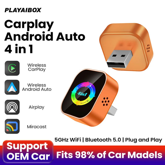 4-in-1 Wireless CarPlay and Android Auto Adapter - Bluetooth WiFi Dongle with AirPlay Mirror Link for Wired Factory Head Units - Universal