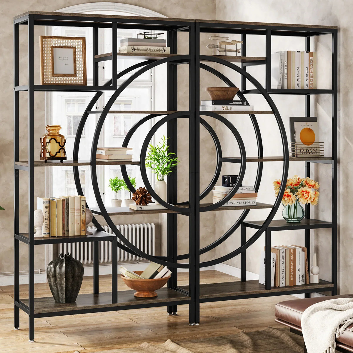 8-Tier Rustic Geometric Bookcase with Metal Frame