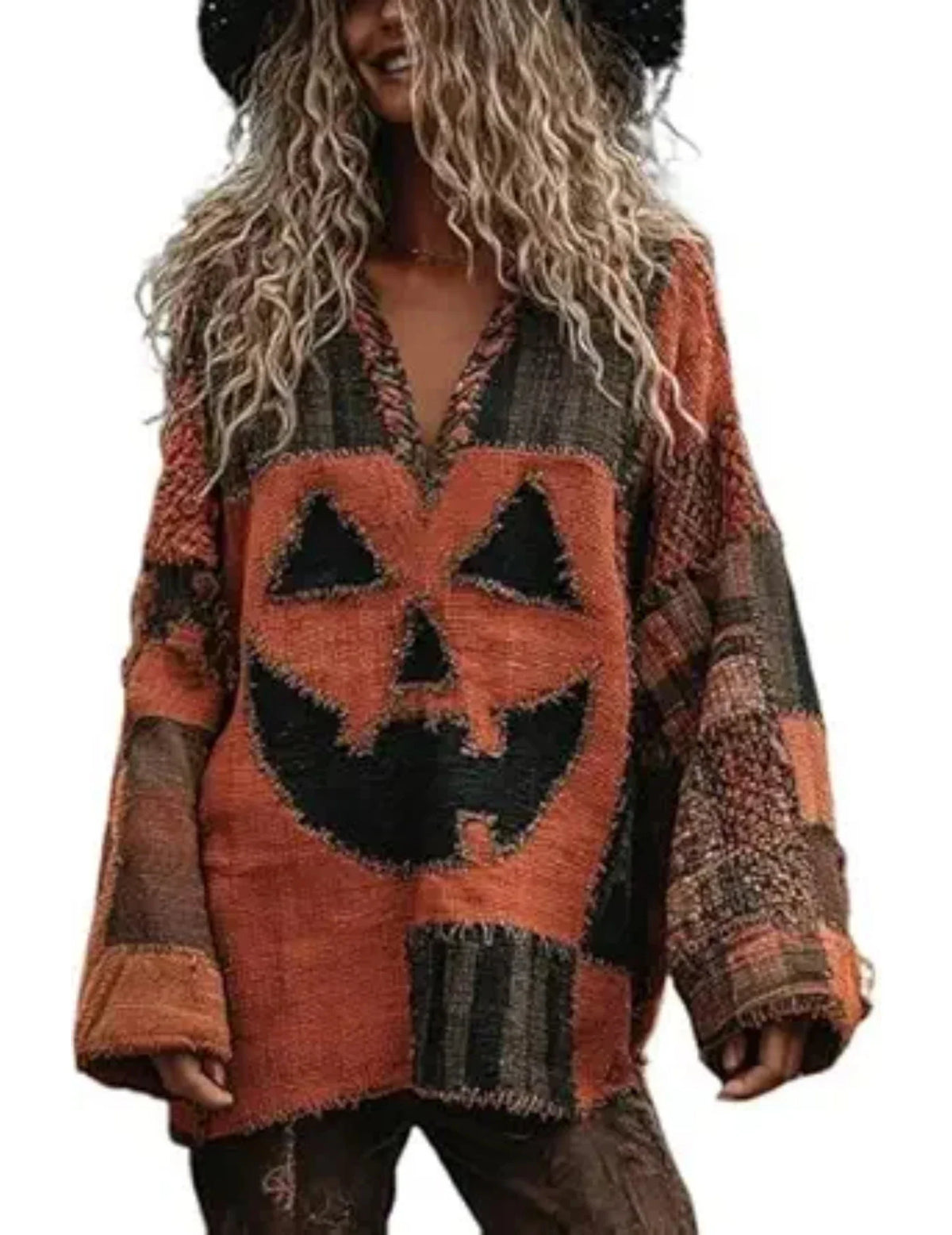 Halloween Spooky Face Hoodie – Printed Patchwork Sweatshirt with Pumpkin & Ghost Design, Warm Loose Fit Pullover for Autumn Parties