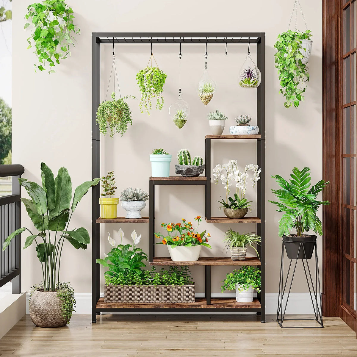 5-Tier Tall Indoor Plant Stand with Metal Frame and Hanging Hooks