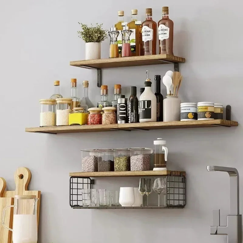 Wall Shelves Floating Mounted Wooden Storage Rack 4-Piece Set