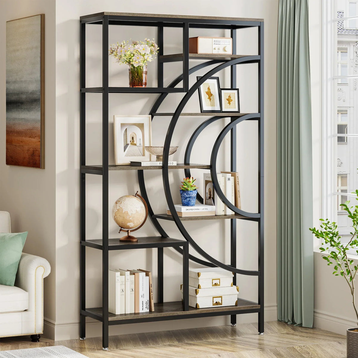 8-Tier Rustic Geometric Bookcase with Metal Frame