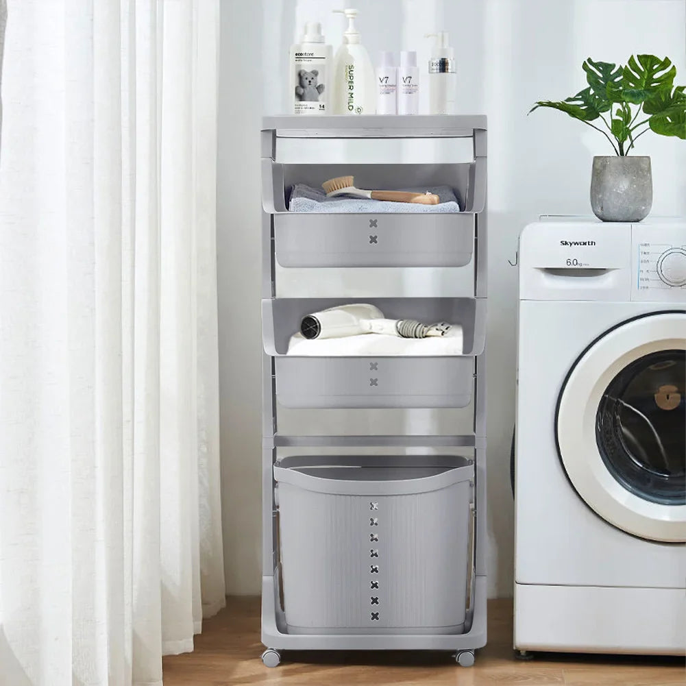 4-Tier Storage Rack Laundry Basket with Wheels