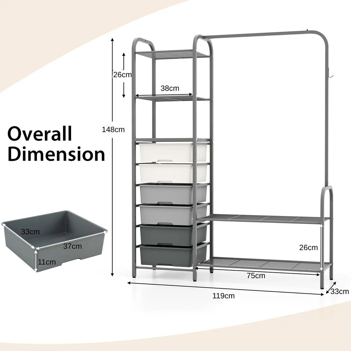 3-Tier Clothes Rails Stand Garment Coat Rack with 6 Storage Drawers