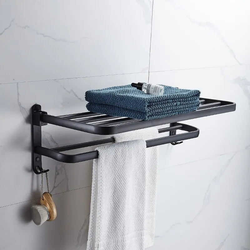 Matte Black Folding Wall-Mount Aluminium Towel Rack with Hook