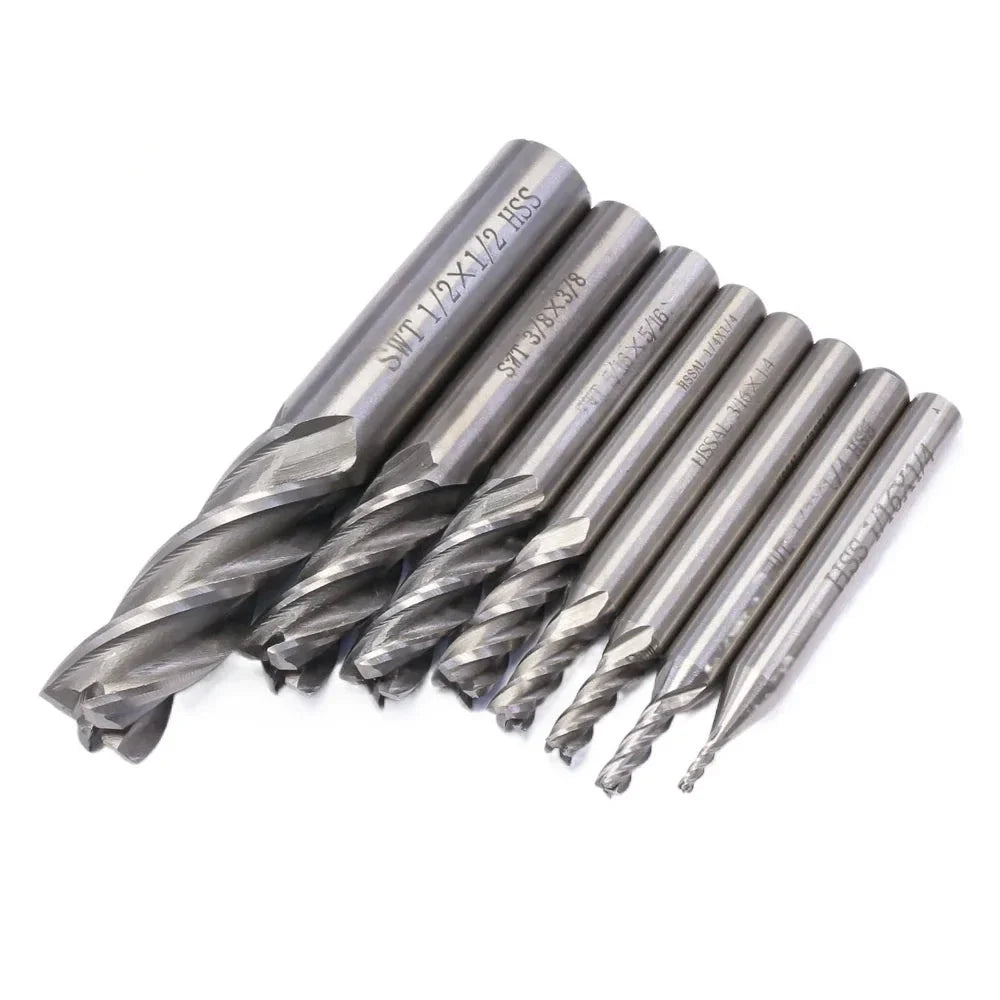 8 PCS High Speed Steel HSS 4 Flute Straight End Mill Milling Cutter Tool Set