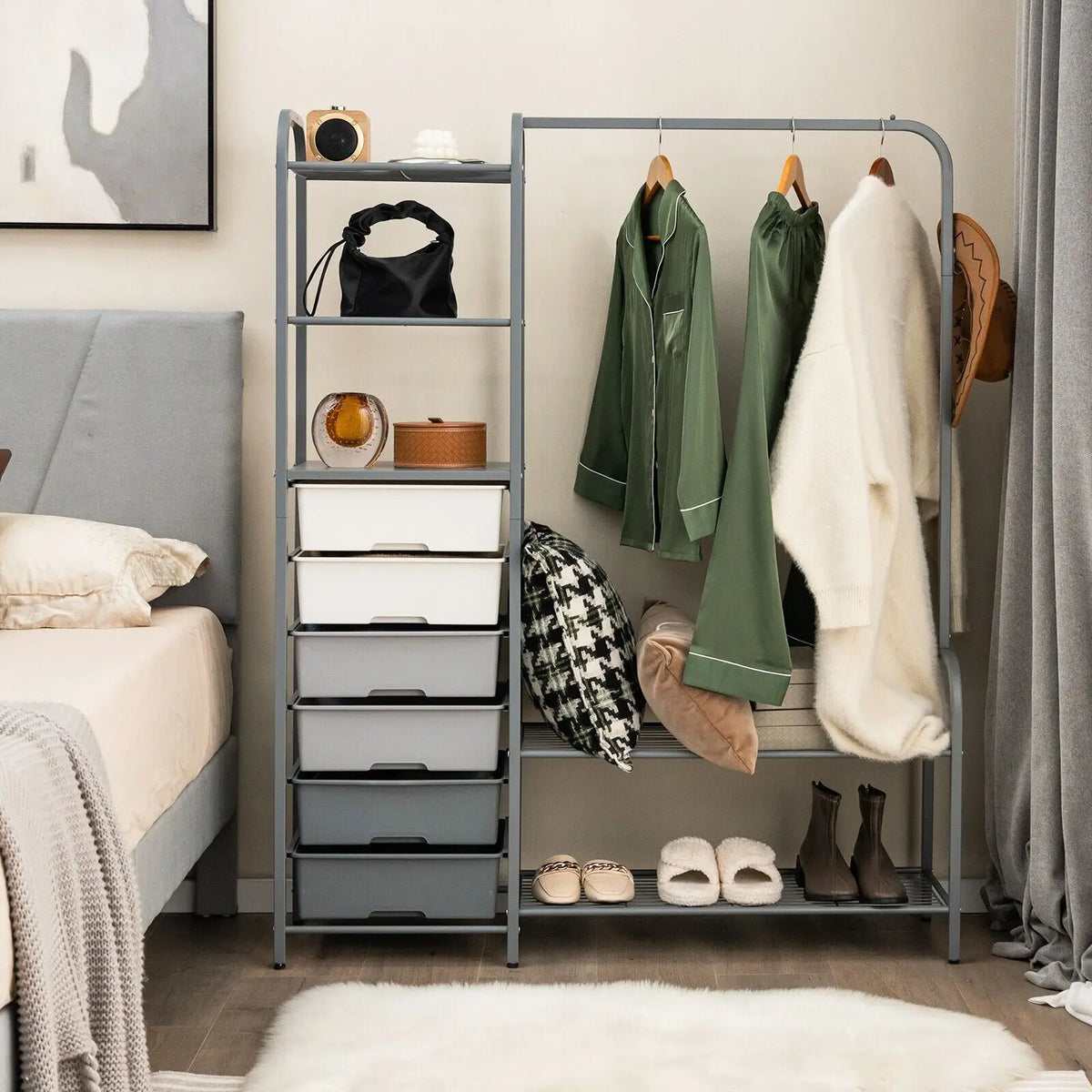 3-Tier Clothes Rails Stand Garment Coat Rack with 6 Storage Drawers