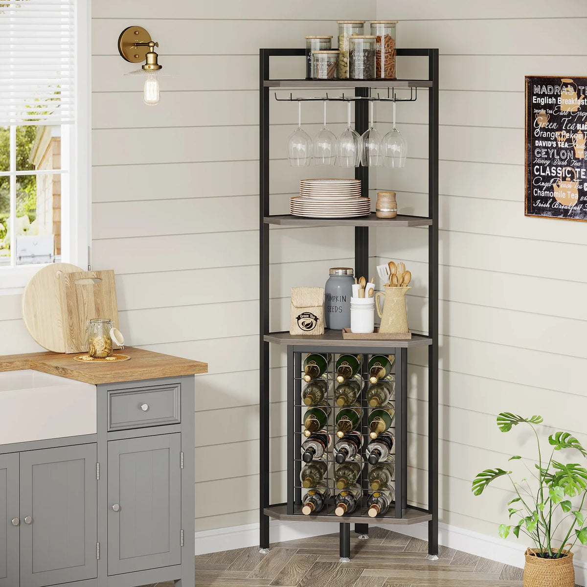 4-Tier Corner Wine Rack with Glass Holder and Storage Shelves