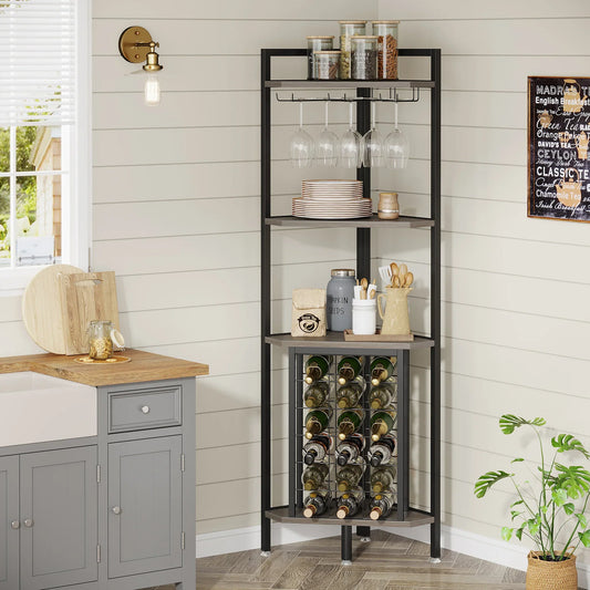 4-Tier Corner Wine Rack with Glass Holder and Storage Shelves