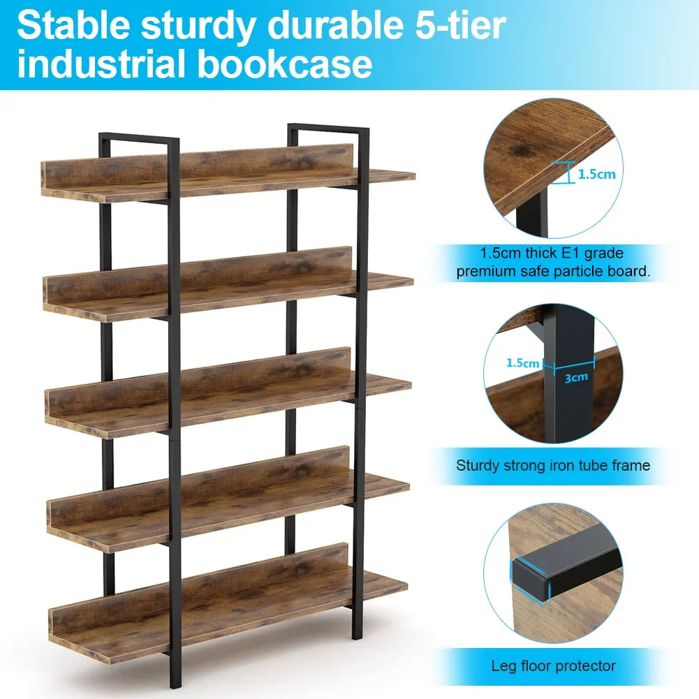 5-Tier Industrial Standing Bookshelf with Iron Pipe Frame