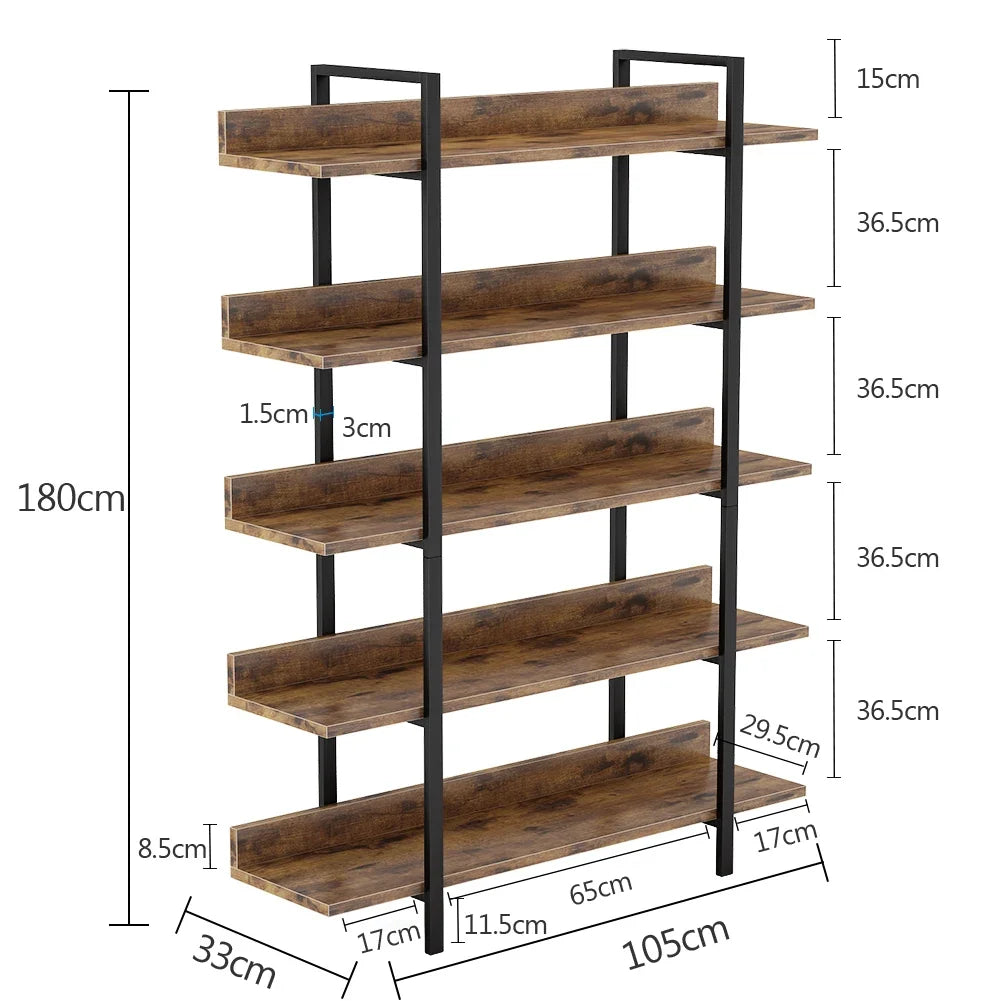 5-Tier Industrial Standing Bookshelf with Iron Pipe Frame