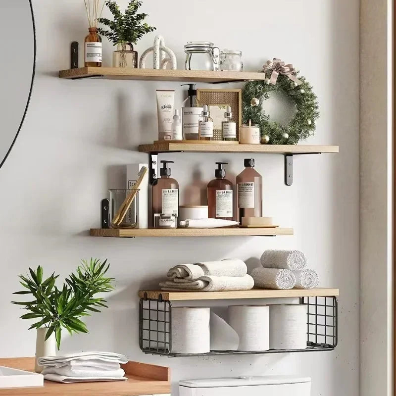 Wall Shelves Floating Mounted Wooden Storage Rack 4-Piece Set