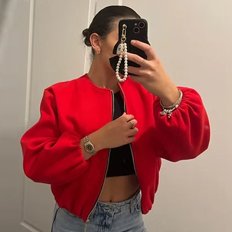 Damesjassen Cropped Losse Outerwears Rood Grijs Gebroken Wit Zwart Jasje Met Rits Lange Mouwen Top Casual Varsity Bomberjas