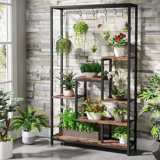 5-Tier Tall Indoor Plant Stand with Metal Frame and Hanging Hooks