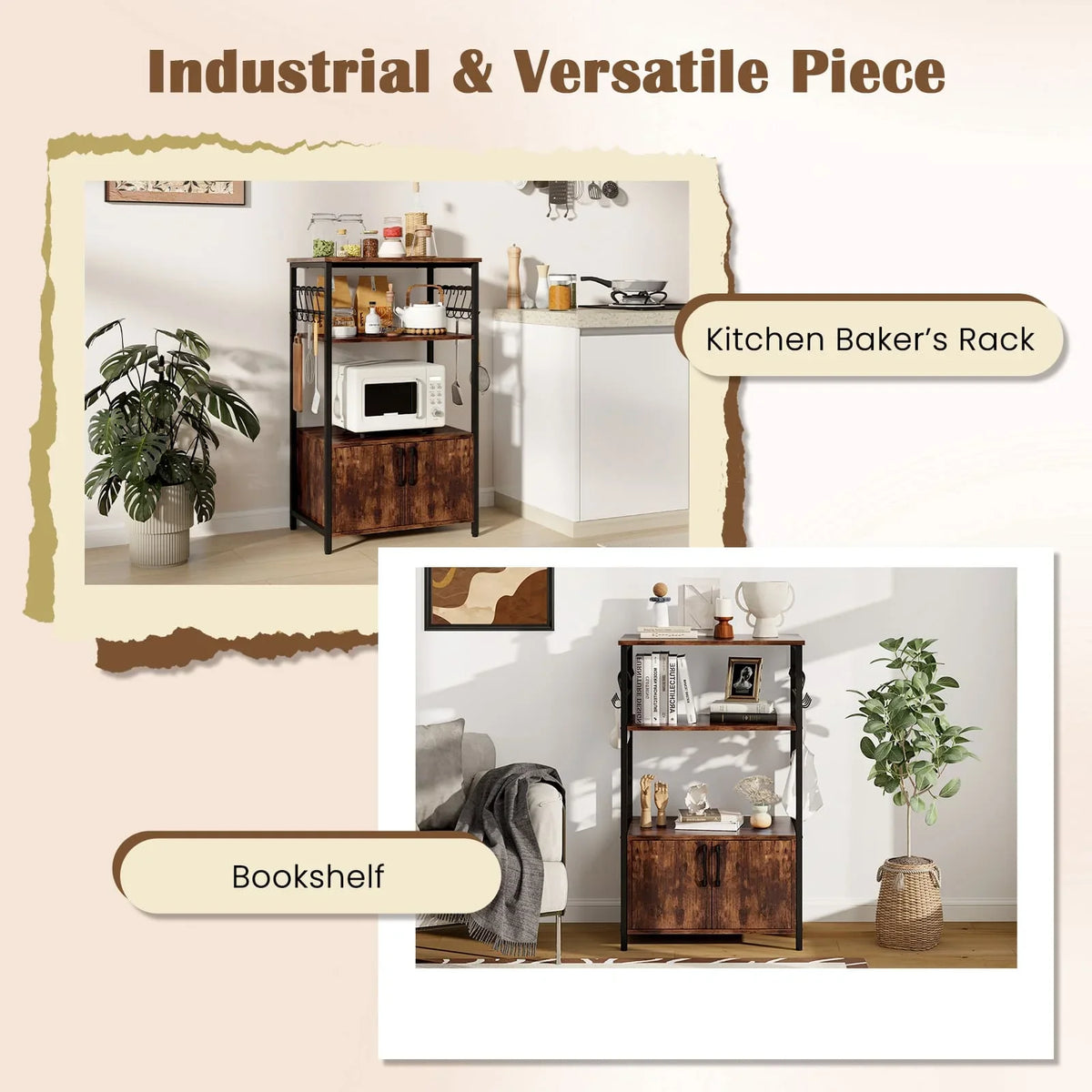 3-Tier Industrial Kitchen Bakers Rack with Cabinet