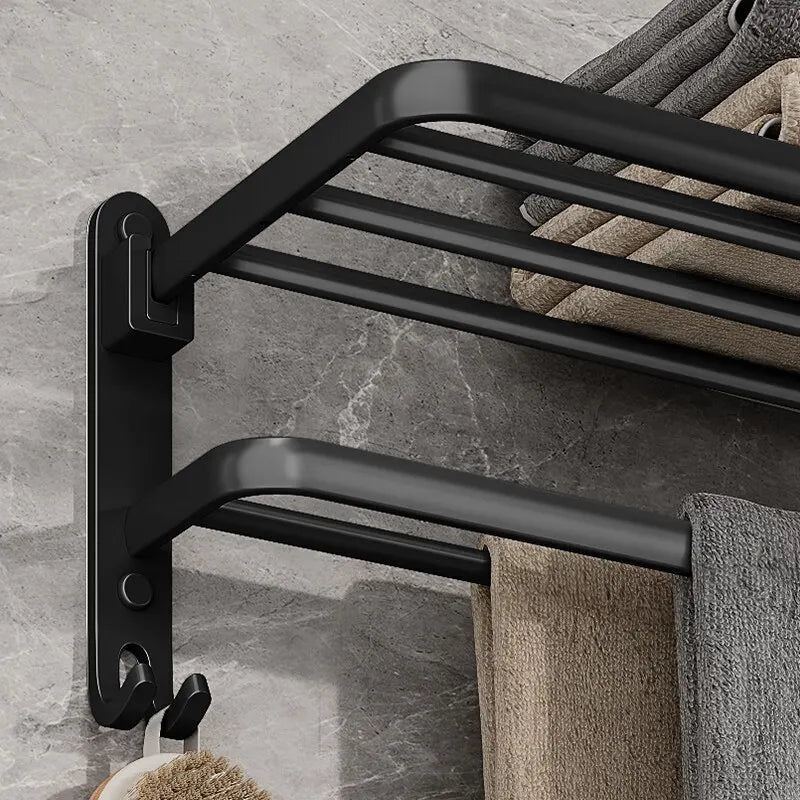 Matte Black Folding Wall-Mount Aluminium Towel Rack with Hook
