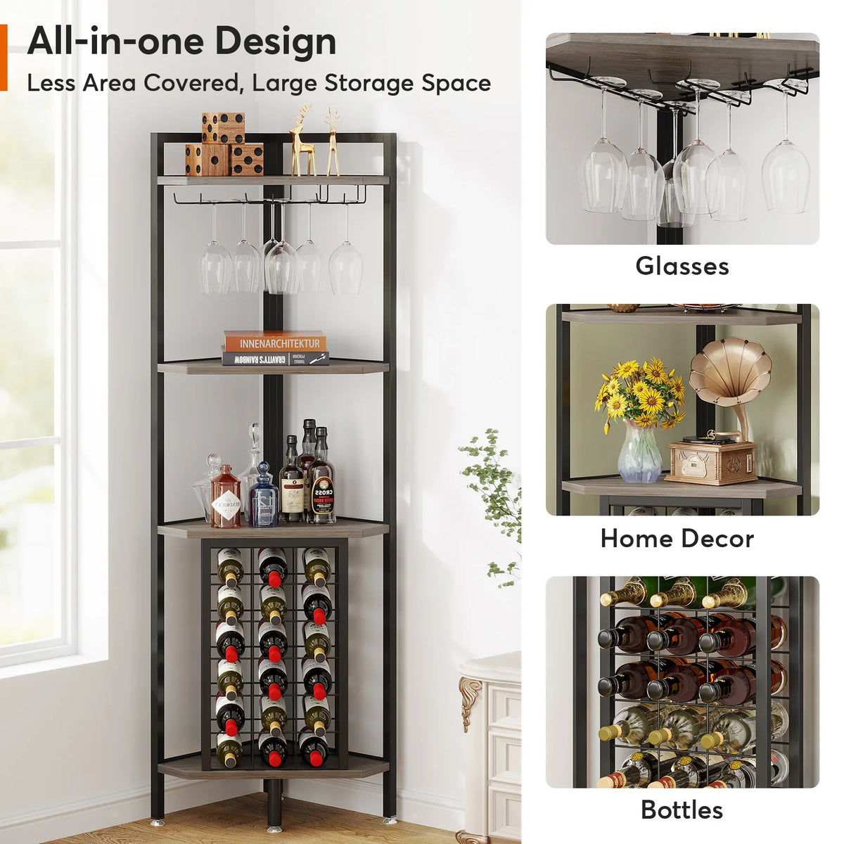 4-Tier Corner Wine Rack with Glass Holder and Storage Shelves
