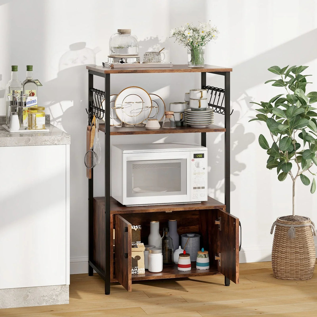 3-Tier Industrial Kitchen Bakers Rack with Cabinet