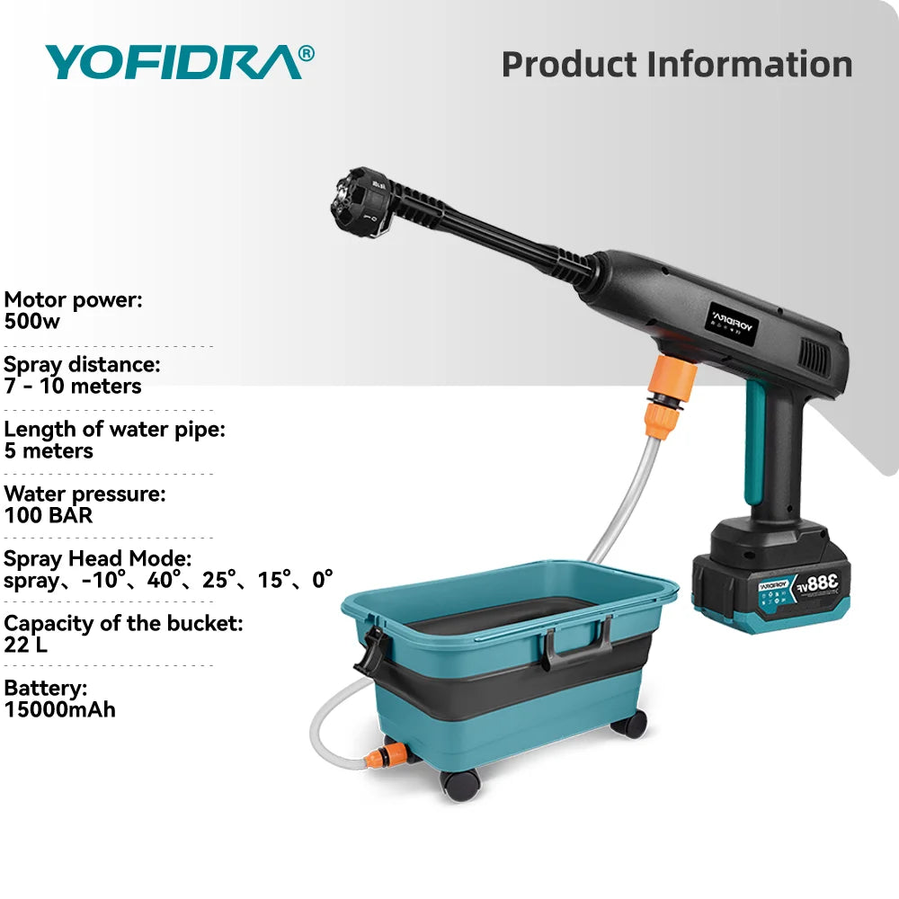 Portable High Pressure Electric Water Spray Gun - 6-in-1 Cordless Car Washer and Garden Cleaning Tool with 22L Foldable Water Bucket - Unisex