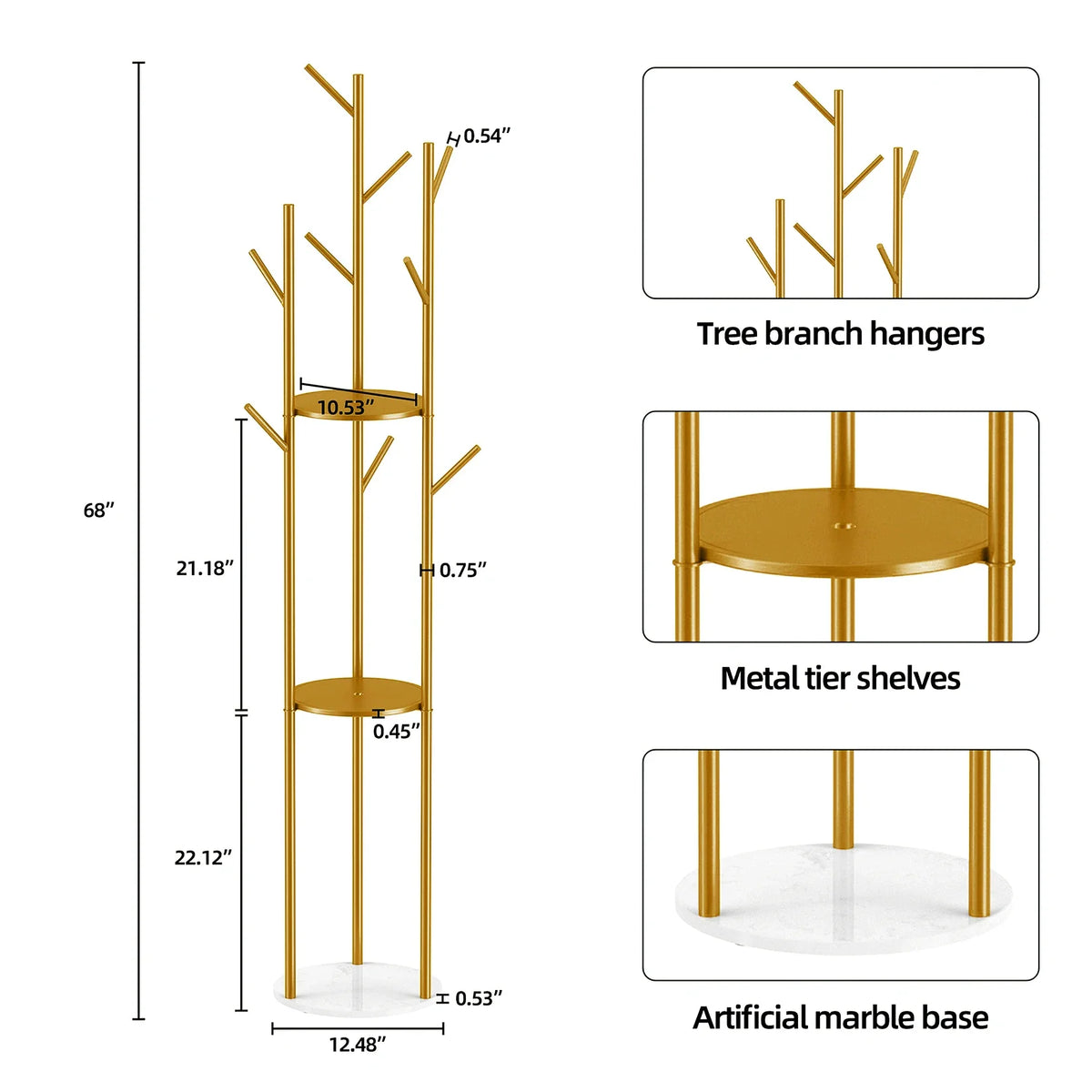 Heavy Duty Gold Metal Marble Coat Rack Stand