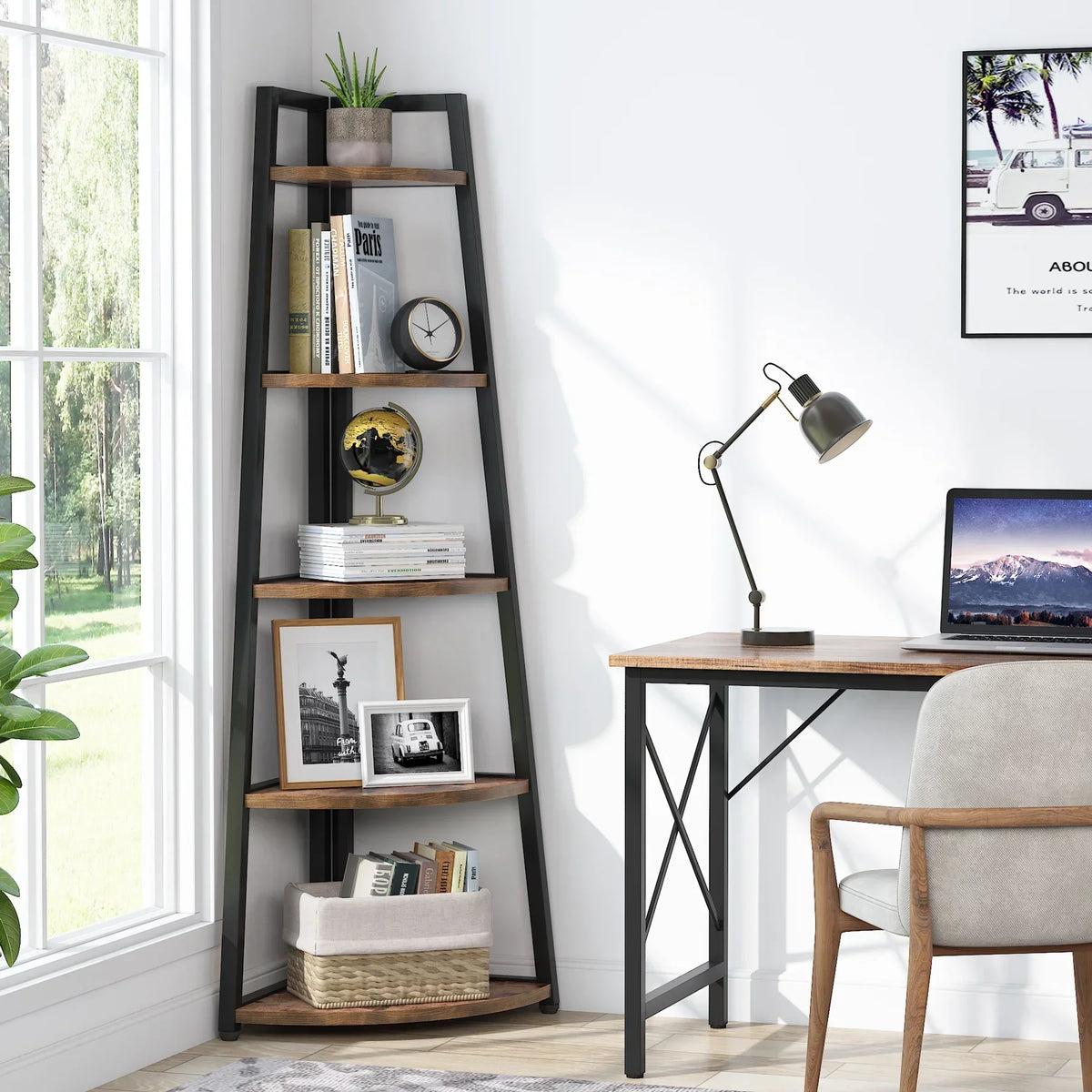 5-Tier Corner Wooden Bookcase with Storage Shelves