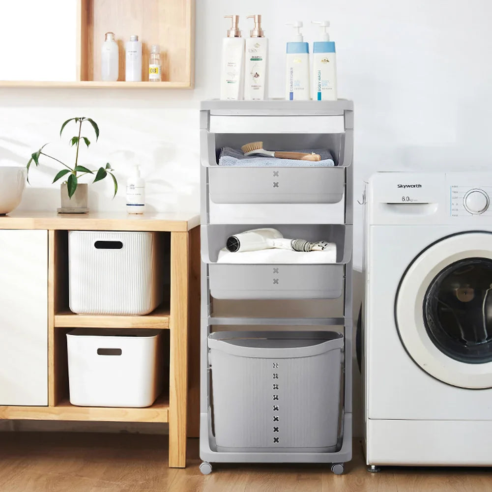 4-Tier Storage Rack Laundry Basket with Wheels