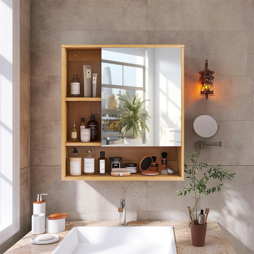 Wall Mounted Bamboo Bathroom Vanity Mirror Cabinet