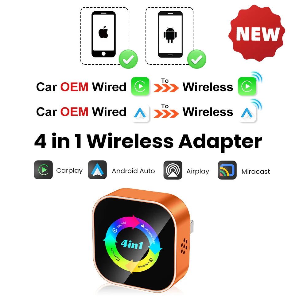 4-in-1 Wireless CarPlay and Android Auto Adapter - Bluetooth WiFi Dongle with AirPlay Mirror Link for Wired Factory Head Units - Universal